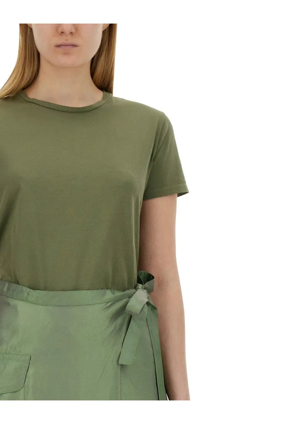 Aspesi women’s olive green cotton wrap-around dress with short sleeves and tied waistband