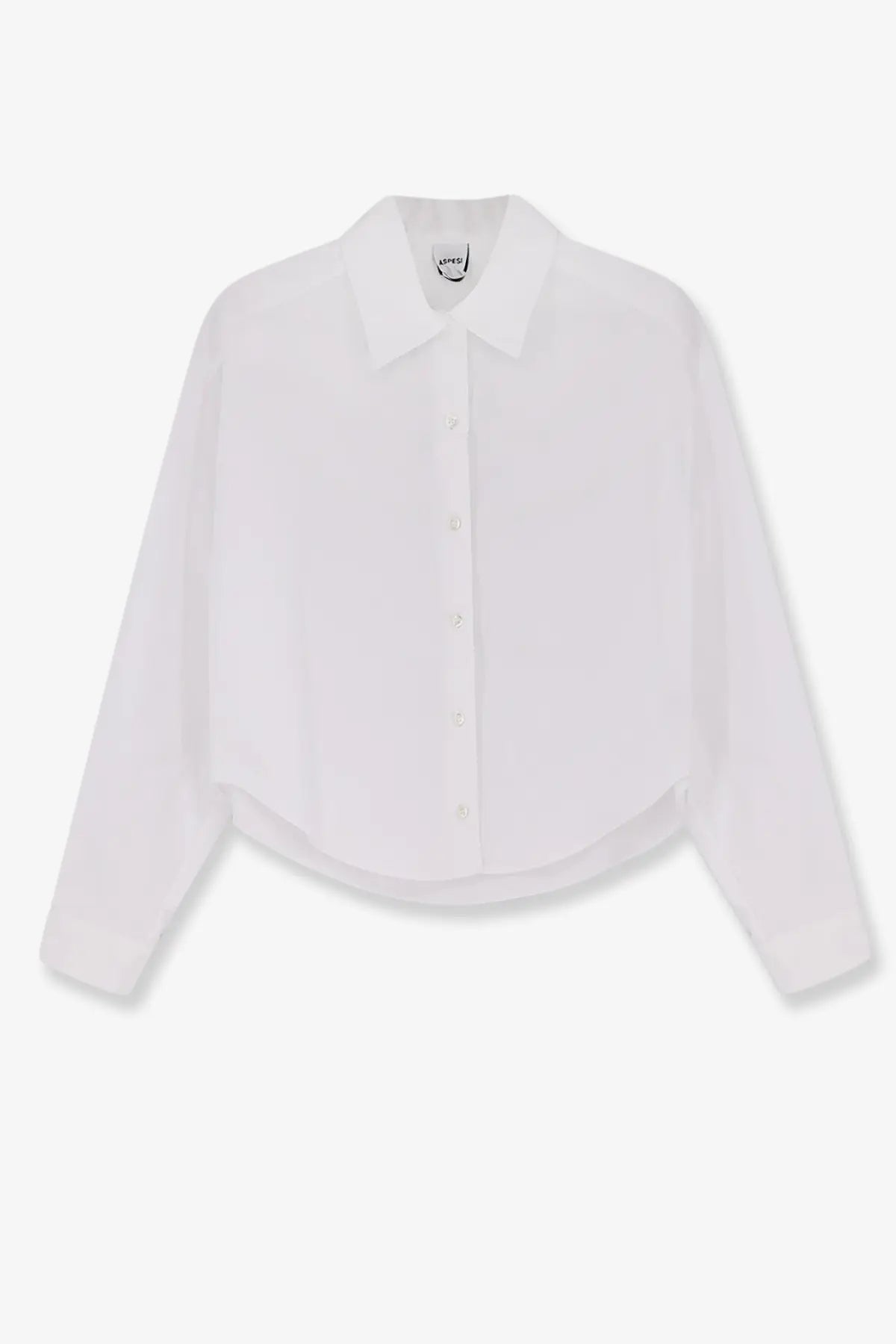 Aspesi women’s white cotton long-sleeved button-up shirt with classic collar and slightly flared hem
