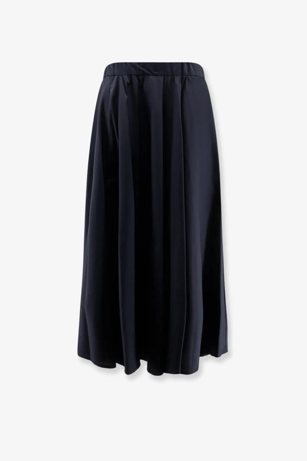 A navy blue pleated cotton midi skirt by Aspesi with a satin finish and elastic waistband for women