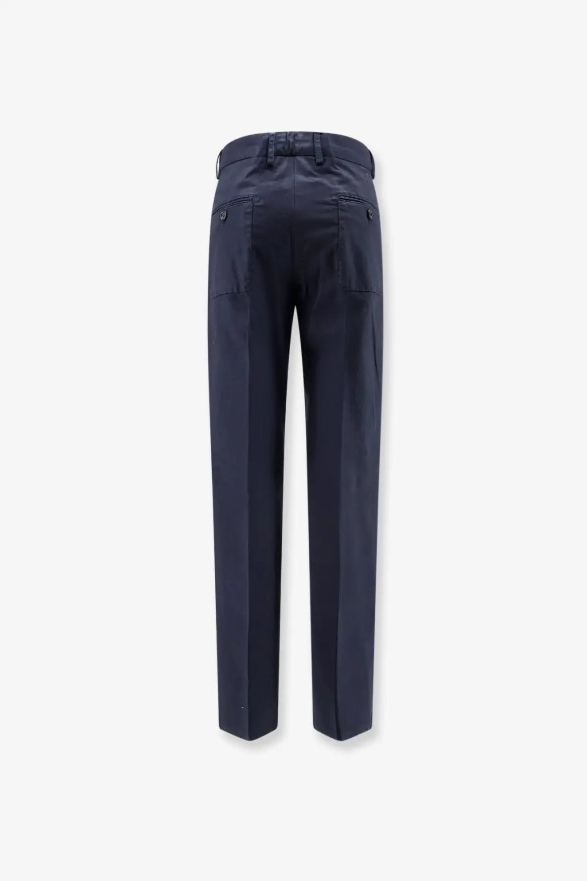 Aspesi women cotton trousers blue in dark navy with tailored fit straight leg and subtle back pleats shown from back side