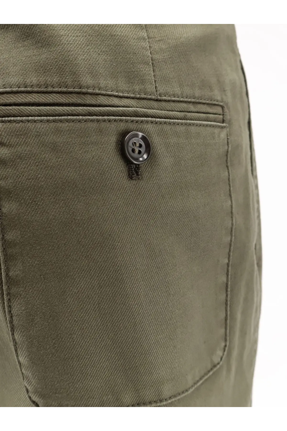 Aspesi women’s olive green cotton twill trousers with dark metallic button on the front pocket