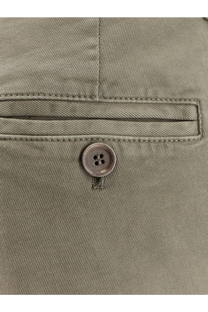 A round metallic button with four holes centered on a khaki fabric pocket of aspesi women’s grey cotton trousers