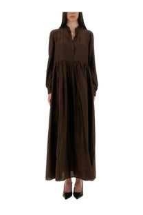 Aspesi women’s mod2934 brown dress with long sleeves gathered waist and subtle ruching at the neckline
