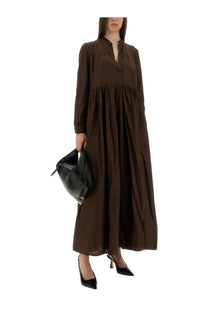 Aspesi women’s dress mod2934 brown flowing long-sleeved with gathered waist and subtle pleats
