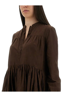 Aspesi women’s brown long-sleeved dress with tiered design and ruffled neckline mod2934