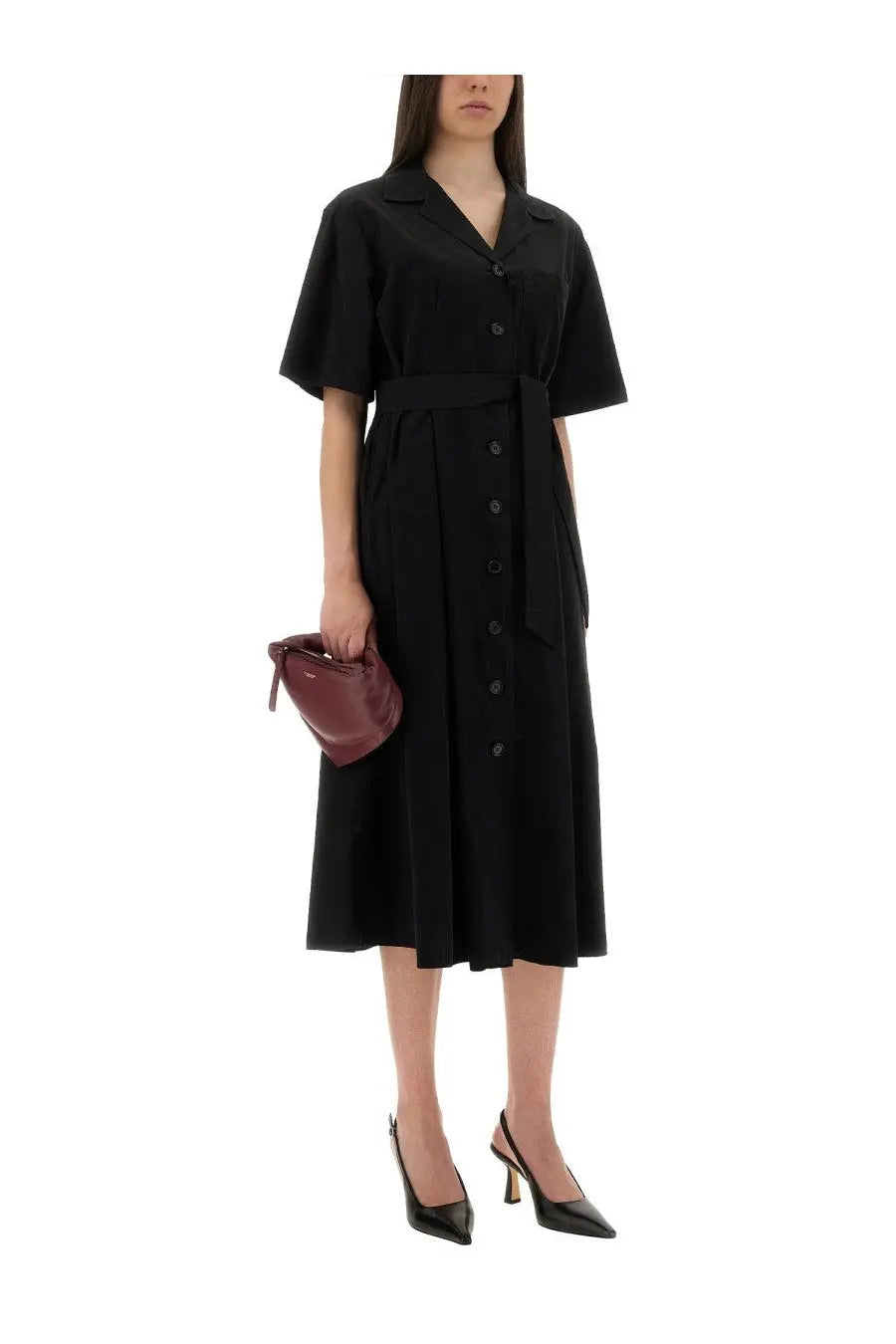 Aspesi women’s black button-down midi dress with short sleeves and belted waist in lightweight fabric