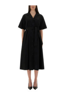 Aspesi women’s black short-sleeved button-down midi dress with tied waistband made from lightweight fabric