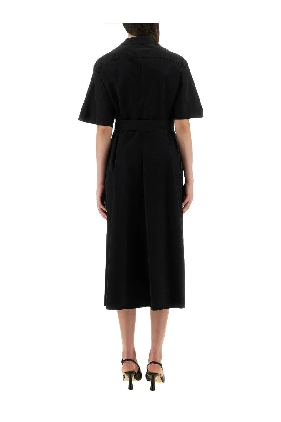 Aspesi women’s black short-sleeved shirt dress with belted waist and flared skirt in lightweight fabric