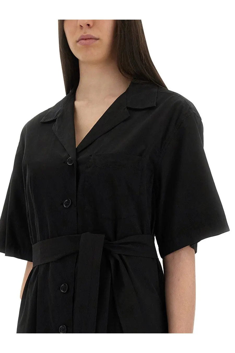Aspesi women’s black short-sleeved shirt dress with collar, front buttons, and matching waist belt in cotton blend