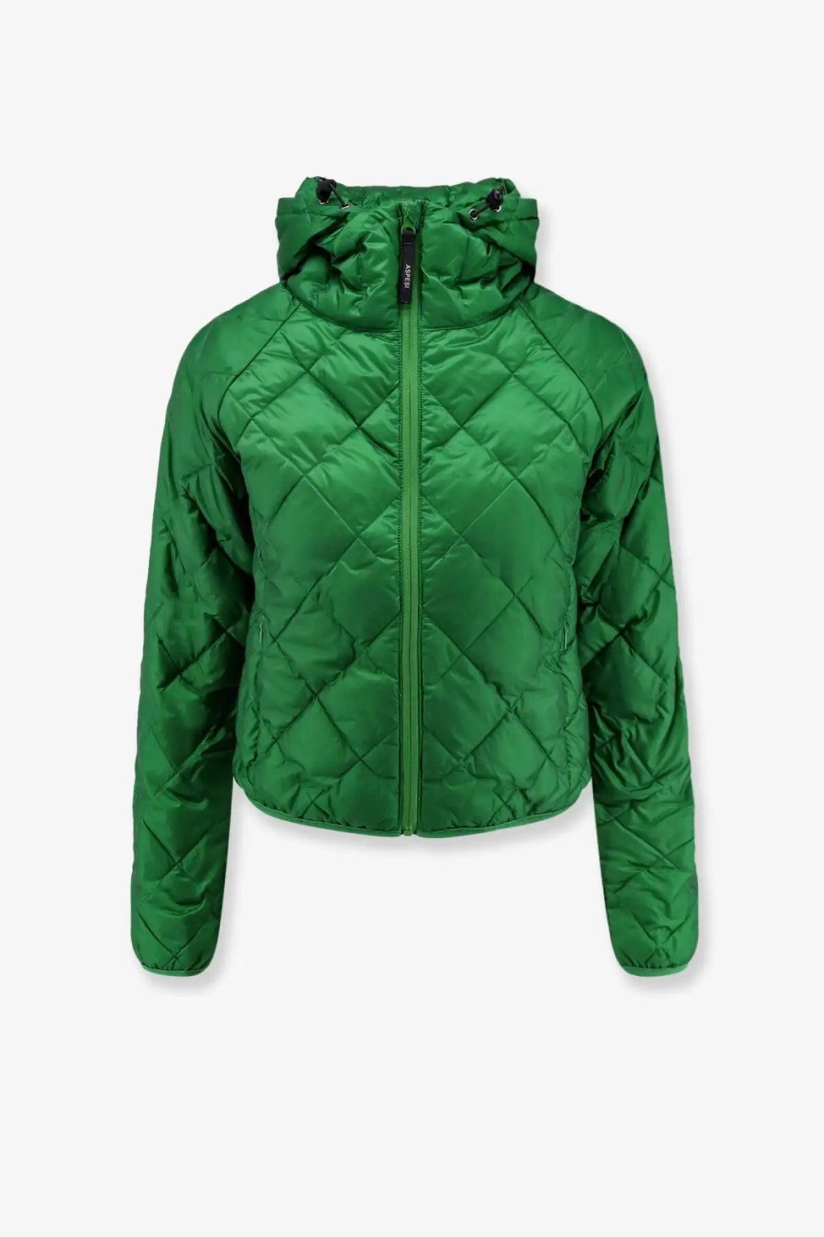 Aspesi women’s ginger vibrant green quilted nylon down jacket with hood and front zipper