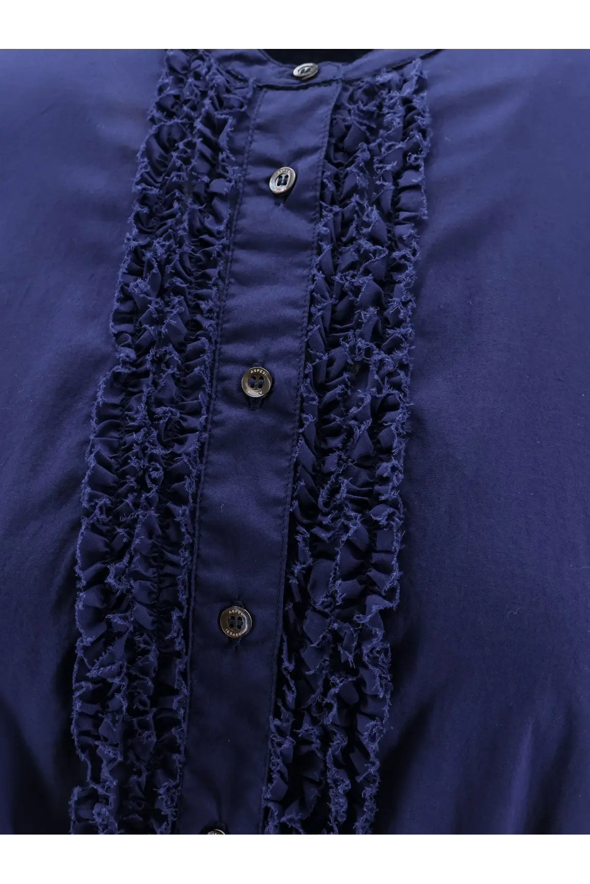 Aspesi women’s handcrafted deep navy blue blouse with ruffled textured front panel and dark metallic buttons