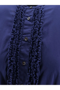 Aspesi women’s handcrafted deep navy blue blouse with ruffled textured front panel and dark metallic buttons