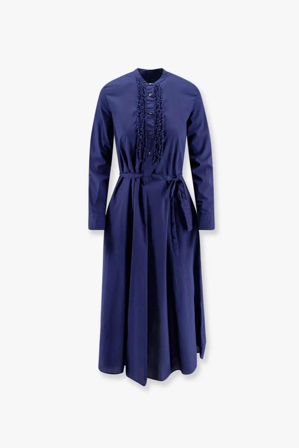 Aspesi women’s navy blue handcrafted fabric long-sleeved dress with button front and ruffled neckline cinched waist belt