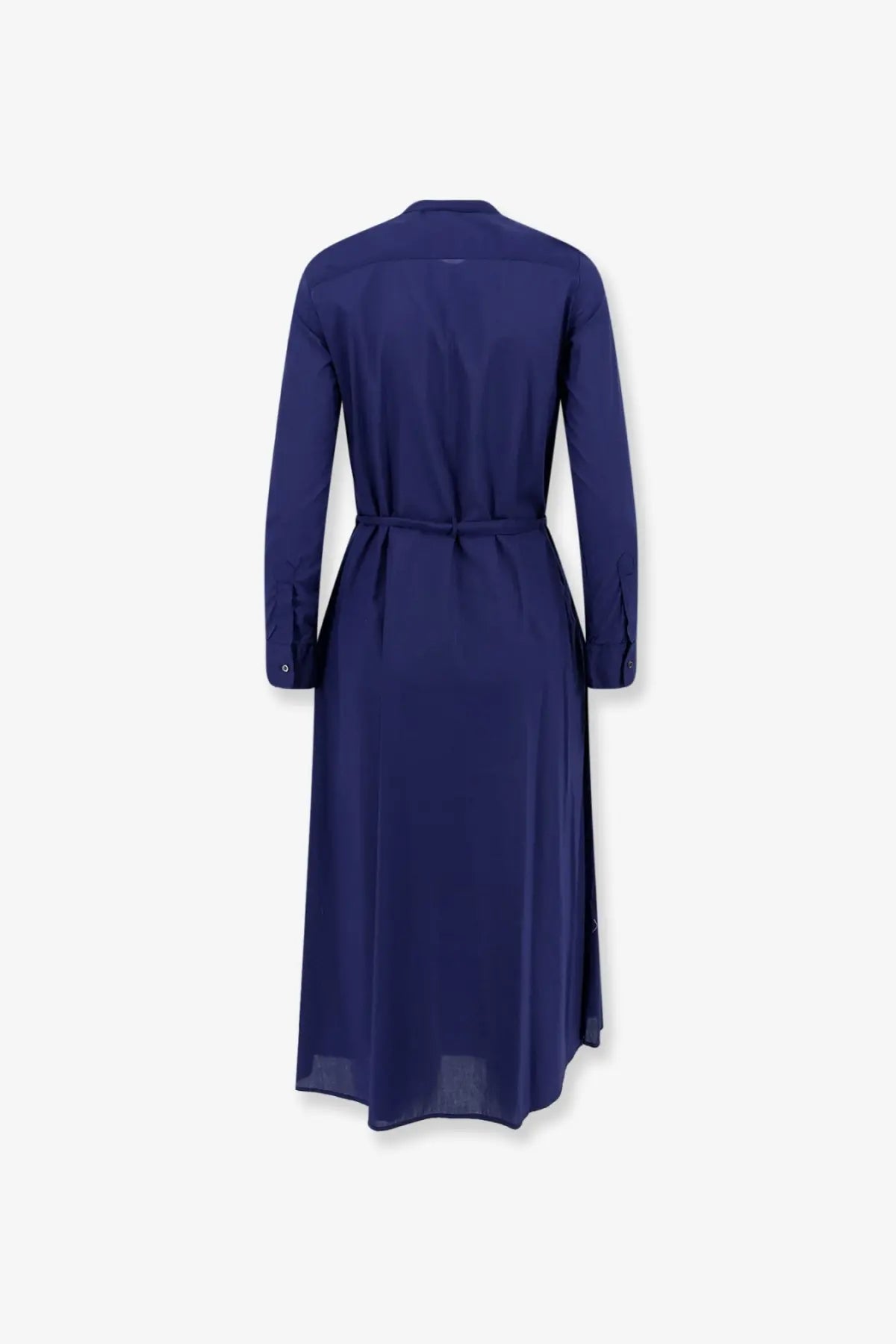 Aspesi women’s handcrafted navy blue long-sleeved shirt dress with belted waist and subtle side slits