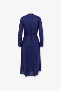 Aspesi women’s handcrafted navy blue long-sleeved shirt dress with belted waist and subtle side slits