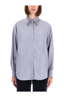 Aspesi women’s high collar light blue linen shirt with subtle texture and button-down front