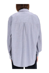 Aspesi women’s high collar shirt in light blue and white fine-striped cotton with a relaxed fit