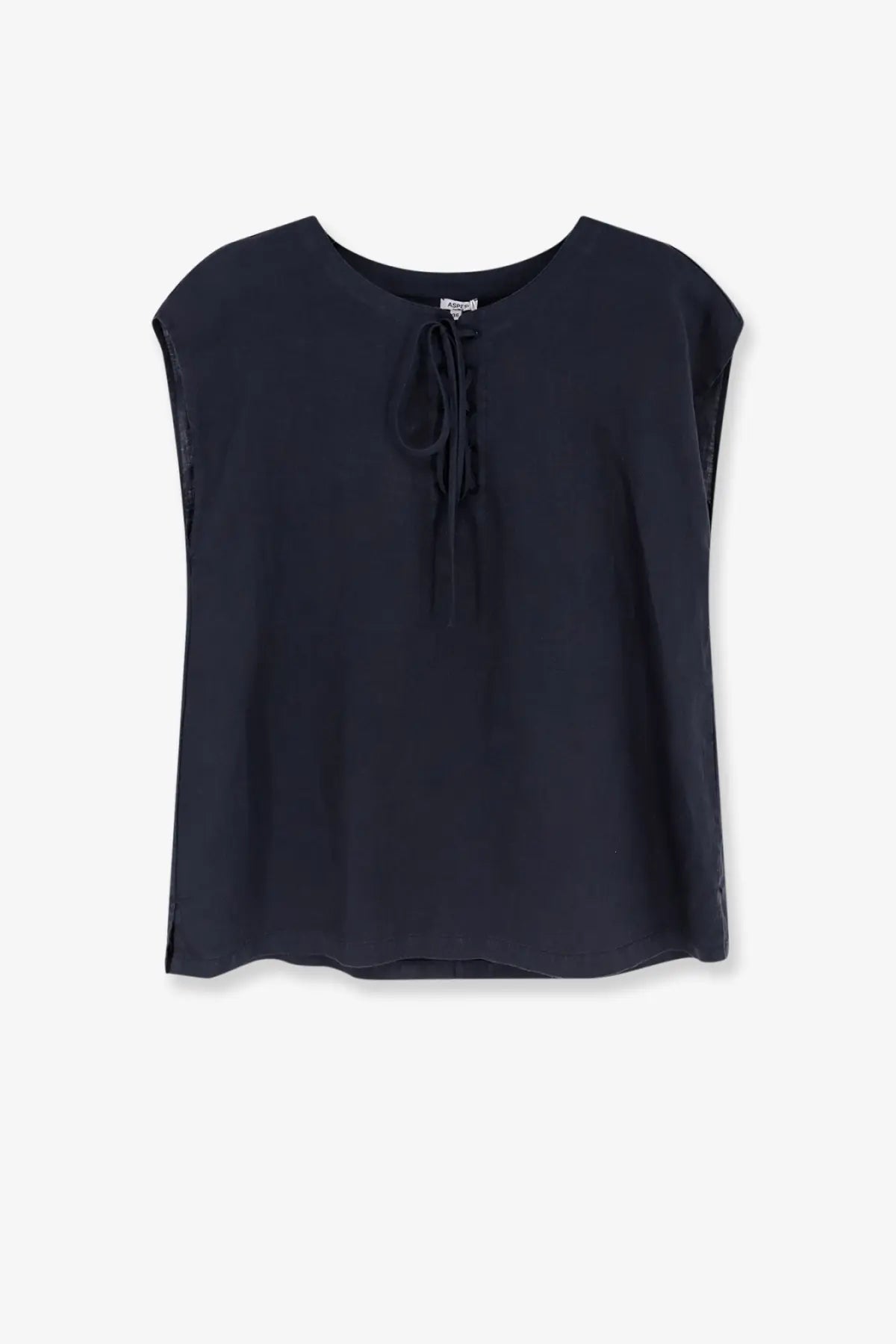Aspesi women’s navy blue linen sleeveless blouse with tie-front neckline and sheer side panels
