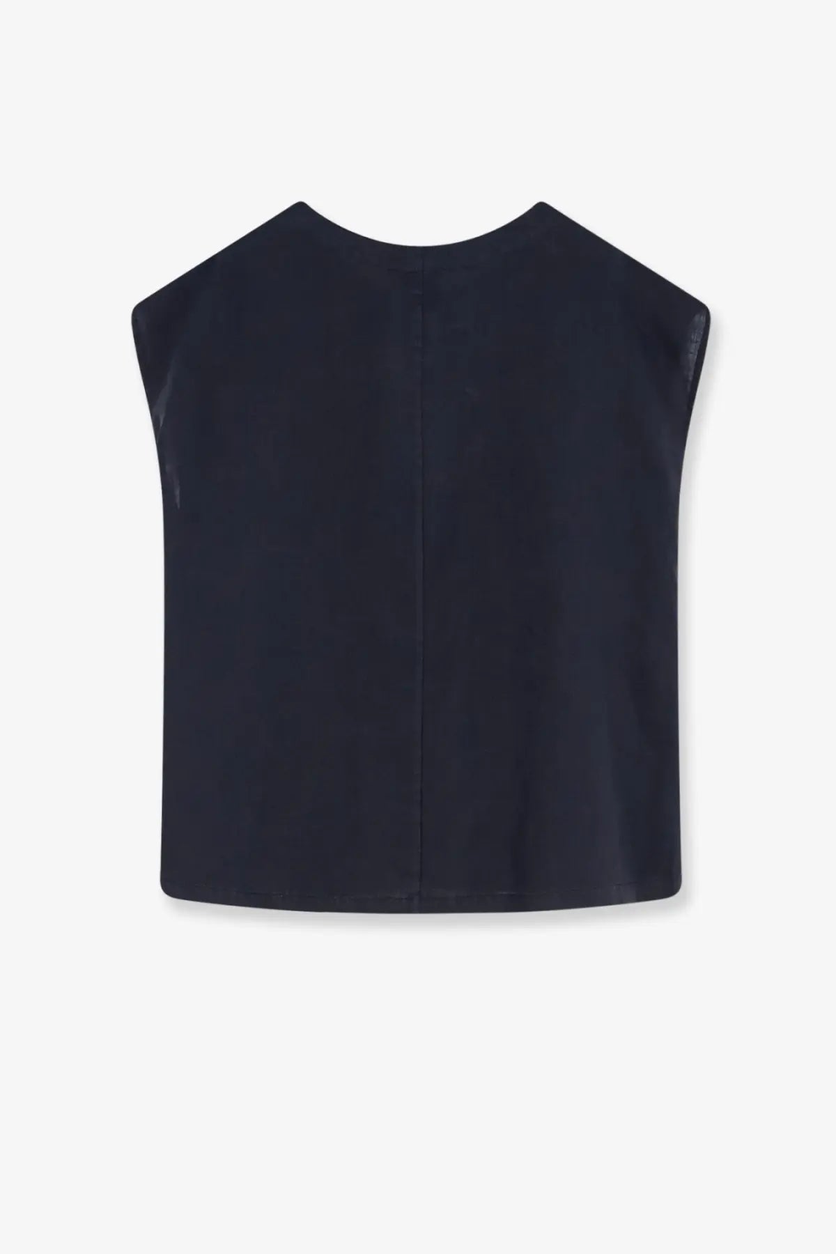 Aspesi women’s linen shirt blue sleeveless navy top with smooth glossy fabric and subtle vertical center seam