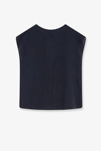 Aspesi women’s linen shirt blue sleeveless navy top with smooth glossy fabric and subtle vertical center seam