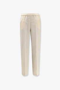 Beige aspesi women’s linen trousers with elastic waistband and subtle side pockets for comfortable wear
