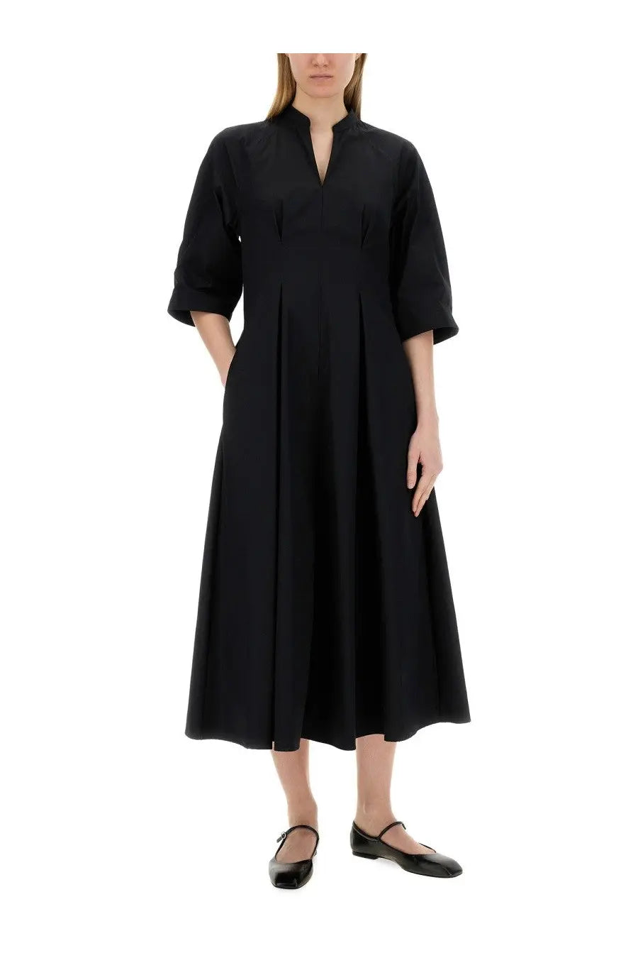 Aspesi women’s long black elegant midi dress with high collar and three-quarter sleeves, front view