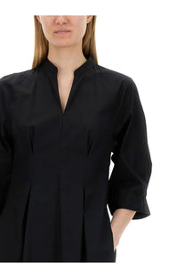 Aspesi women’s long black dress with minimalist design mandarin collar and three-quarter sleeves