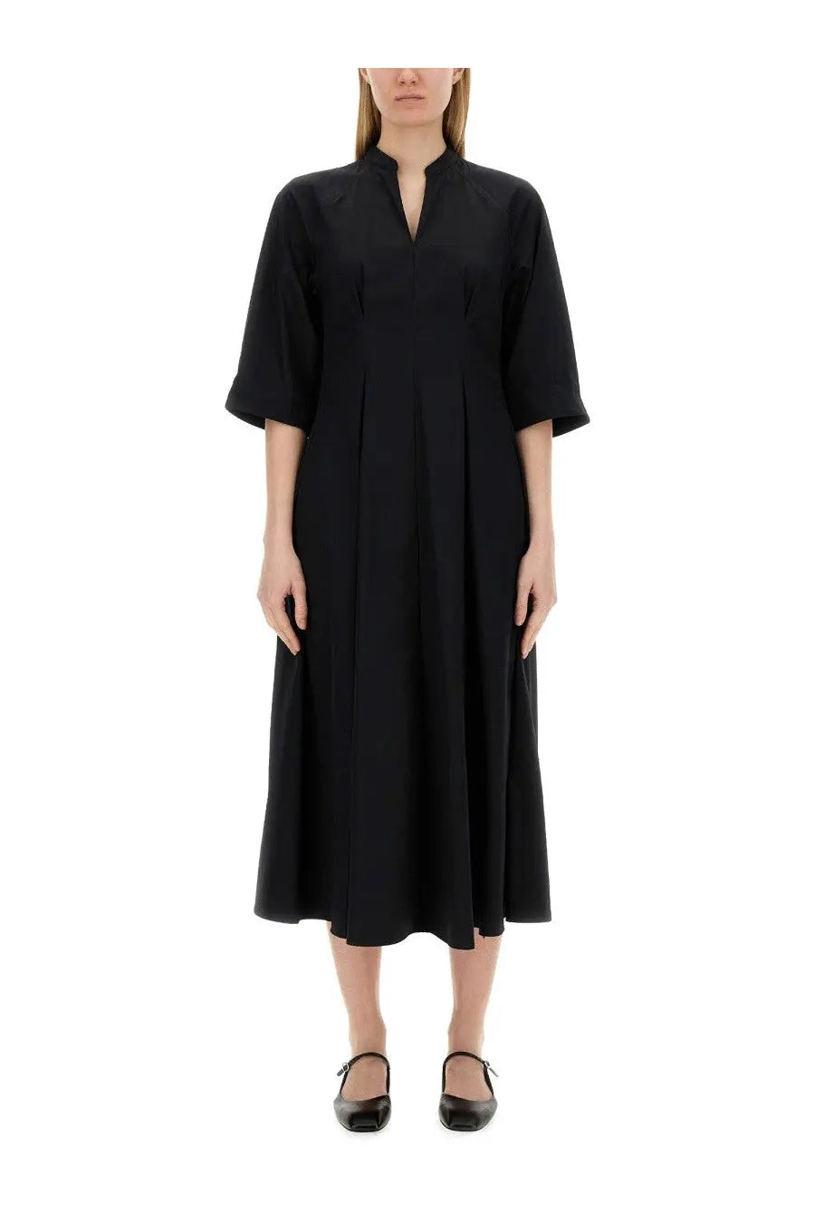 Aspesi women’s black minimalist midi dress with mandarin collar and three quarter sleeves in lightweight fabric