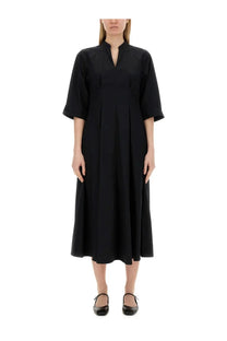 Aspesi women’s black minimalist midi dress with mandarin collar and three quarter sleeves in lightweight fabric