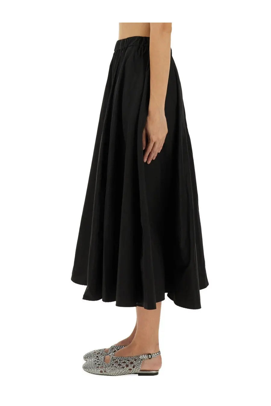 Black high-waisted midi skirt with flowing pleated design from aspesi womens mia skirt collection