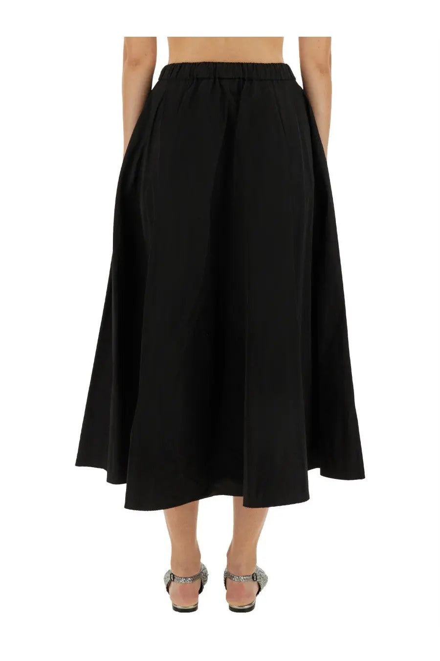 Black high-waisted pleated midi skirt with elastic waistband by aspesi womens mia skirt black front view