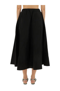 Black high-waisted pleated midi skirt with elastic waistband by aspesi womens mia skirt black front view