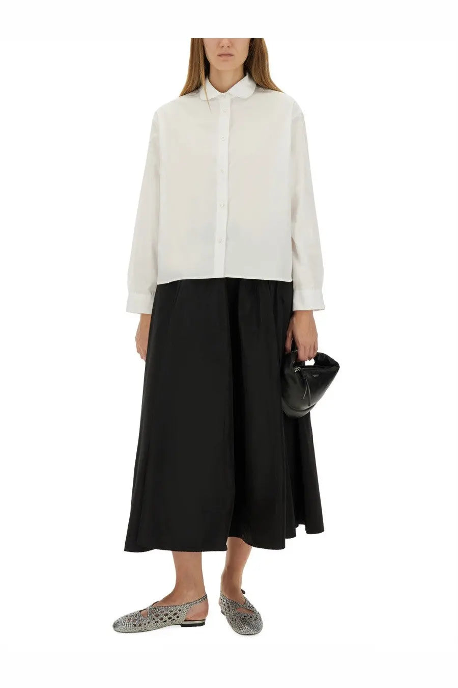 Black leather mini bag with drawstring closure shown with aspesi womens mia skirt black product image