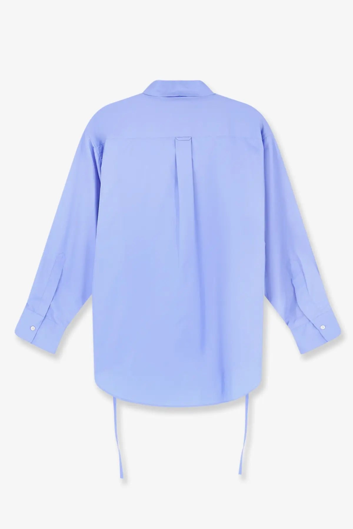 Light blue cotton aspesi women’s oversized button-down overshirt showing back with central seam and hem drawstrings