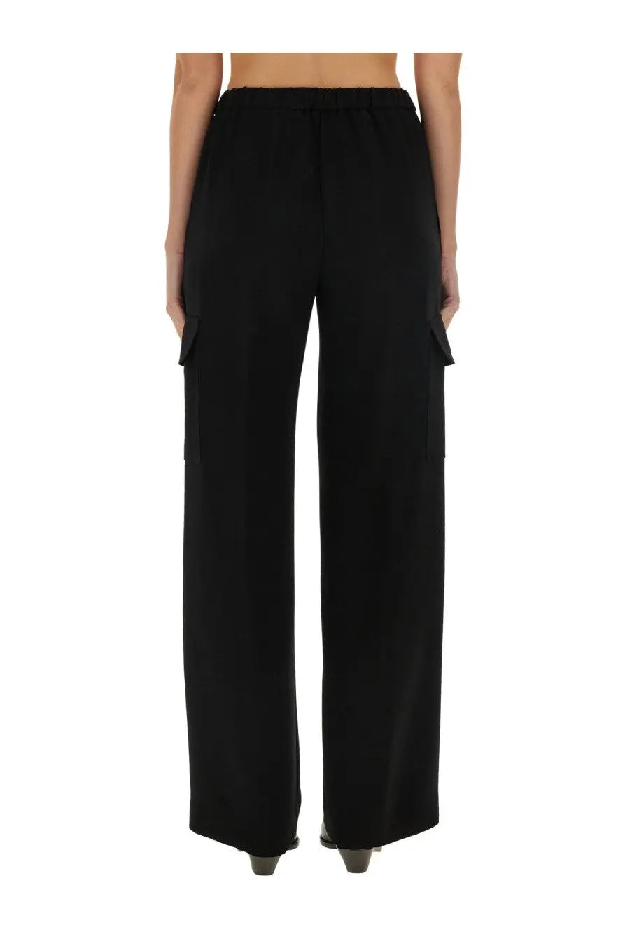 Black wide-leg cargo pants by Aspesi for women featuring elastic waistband and flap pockets in a casual style