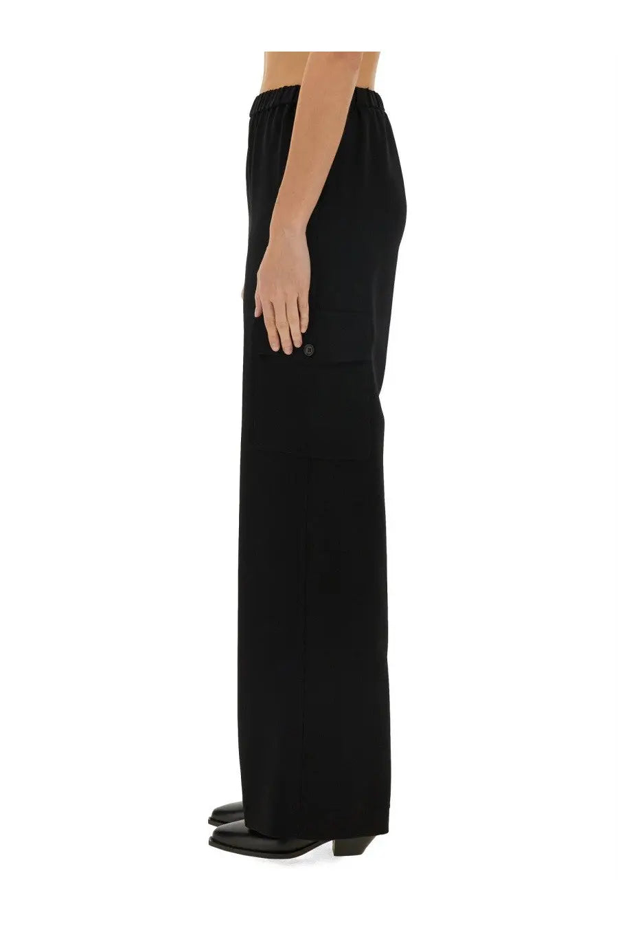 Aspesi women’s black wide-leg trousers with elastic waistband and subtle logo button on side pocket