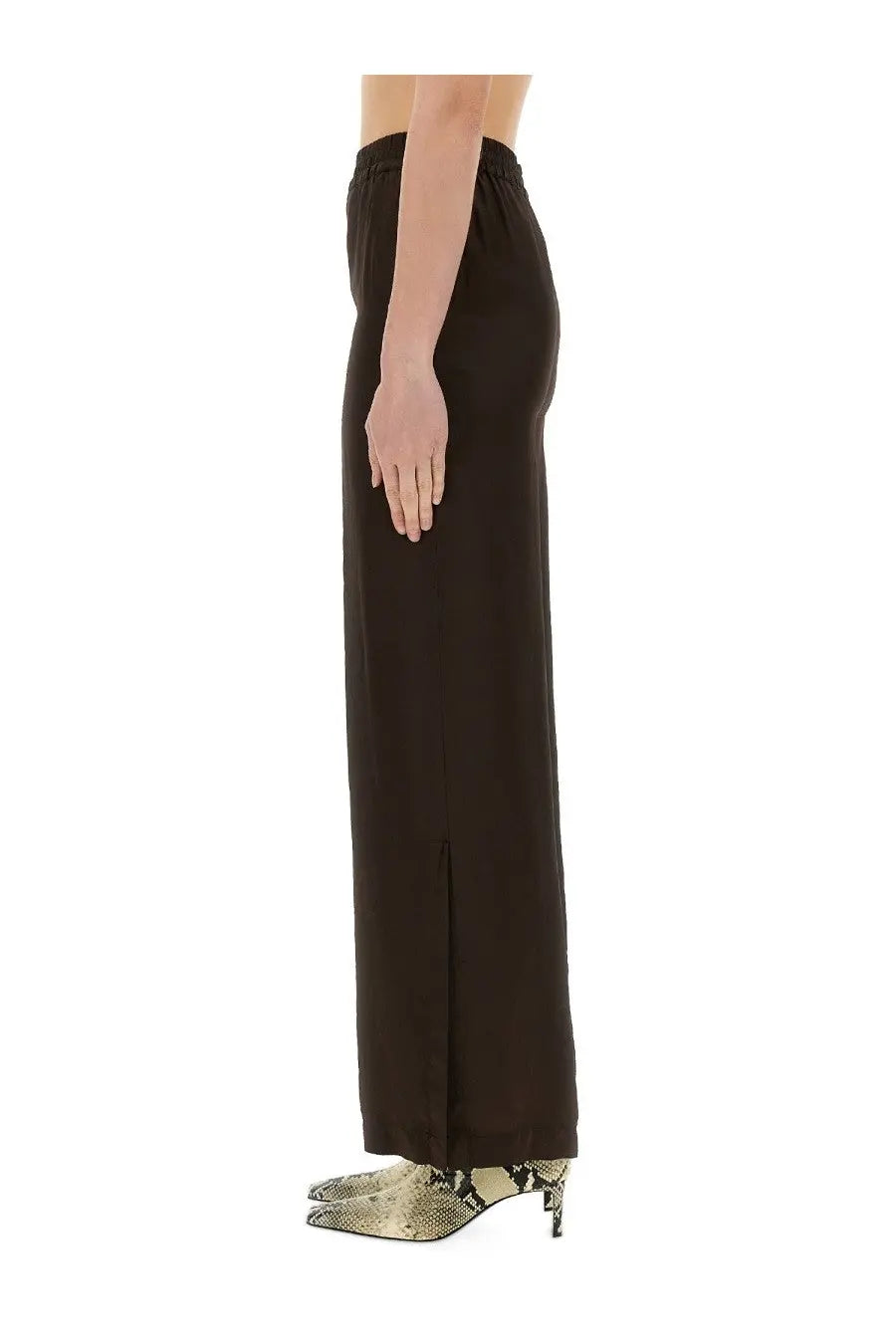 Aspesi women’s brown wide-leg pants with high-waisted elastic waistband and central front slit