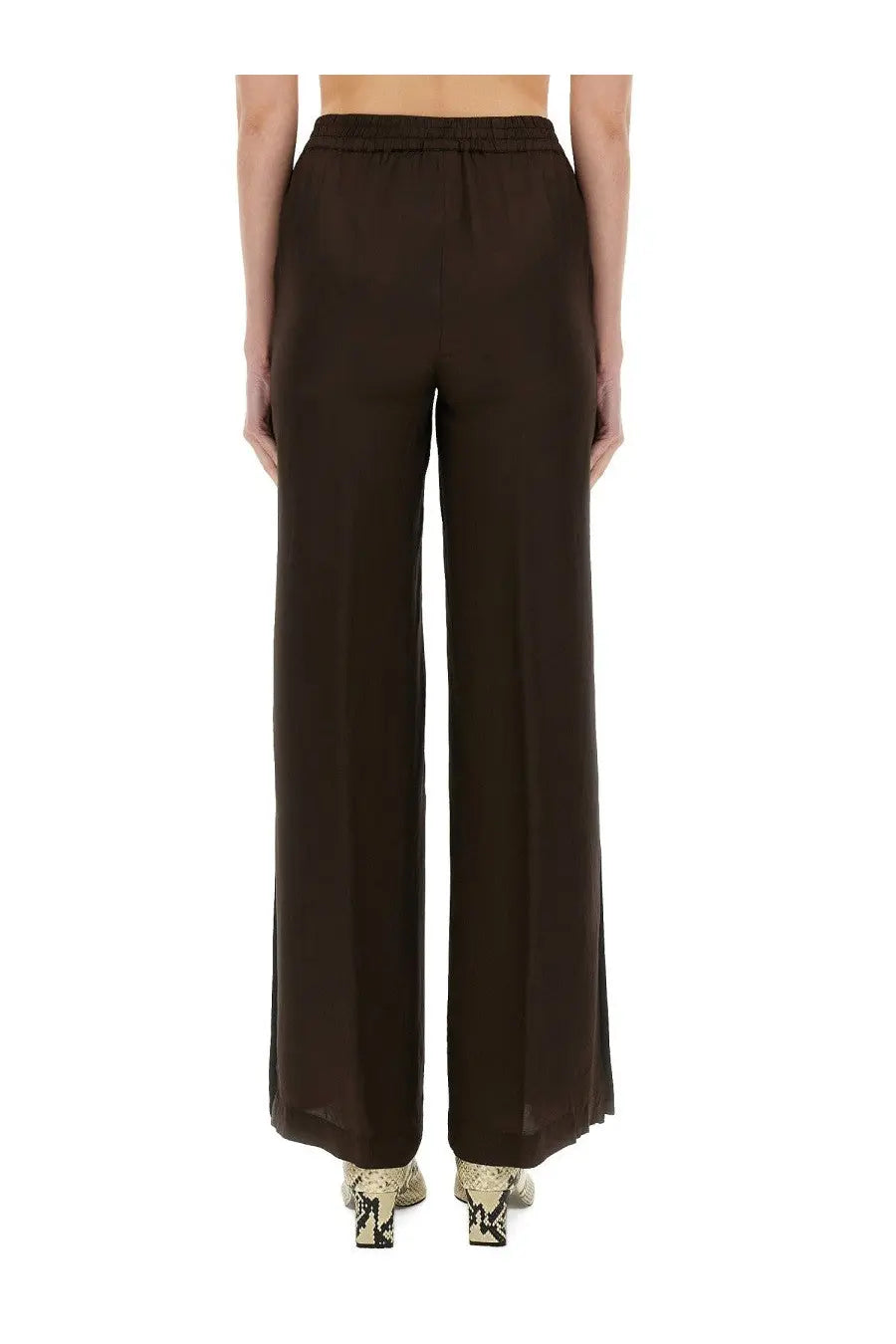 Aspesi women’s brown satin wide-leg pants with elastic waistband mod0187 for comfortable stylish wear