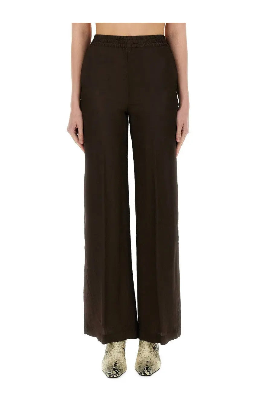 Aspesi women’s brown wide-leg trousers with smooth flowing fabric and elastic waistband front view