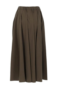 Aspesi women’s poplin midi skirt in solid olive green with elastic waistband and subtle vertical pleats in smooth fabric