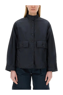 Aspesi women’s utility-style black jacket with stand-up collar front button closure and two flap pockets