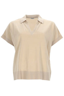Aspesi women’s beige short-sleeved polo top with ribbed trim at collar cuffs and hem