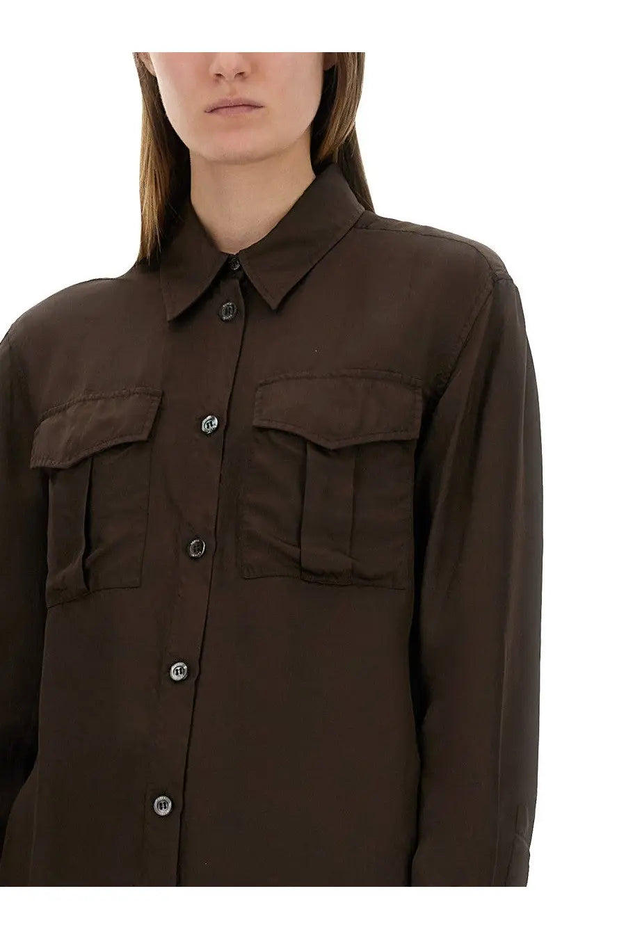 A dark brown aspesi women’s long-sleeved shirt with silver buttons and two chest pockets mod5489 brown