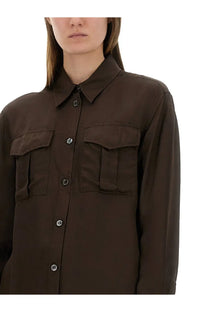 A dark brown aspesi women’s long-sleeved shirt with silver buttons and two chest pockets mod5489 brown