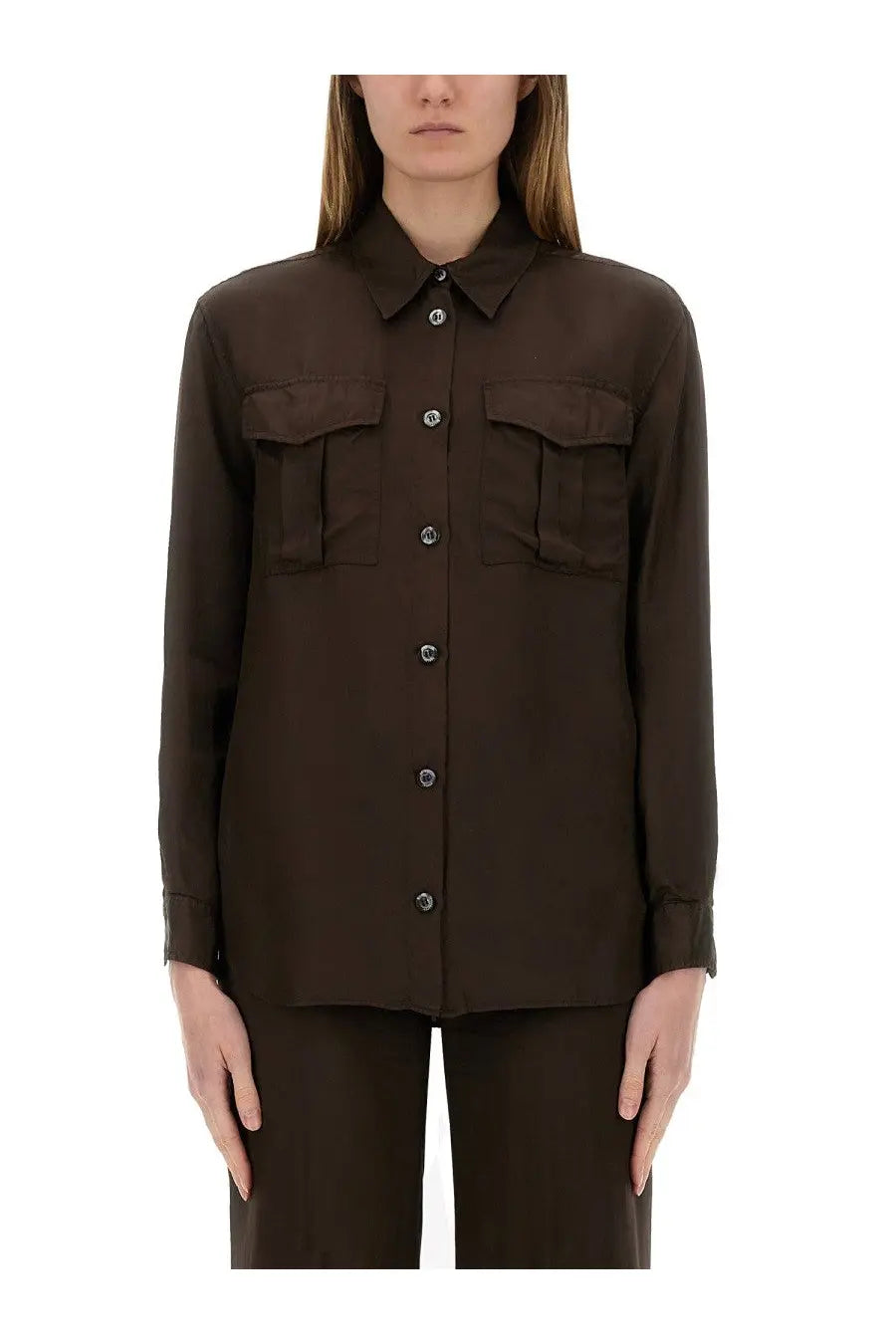 Aspesi women’s shirt mod5489 brown sleek dark brown silk blouse with classic collar and two front patch pockets