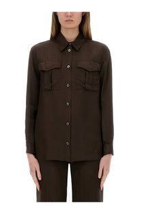 Aspesi women’s shirt mod5489 brown sleek dark brown silk blouse with classic collar and two front patch pockets