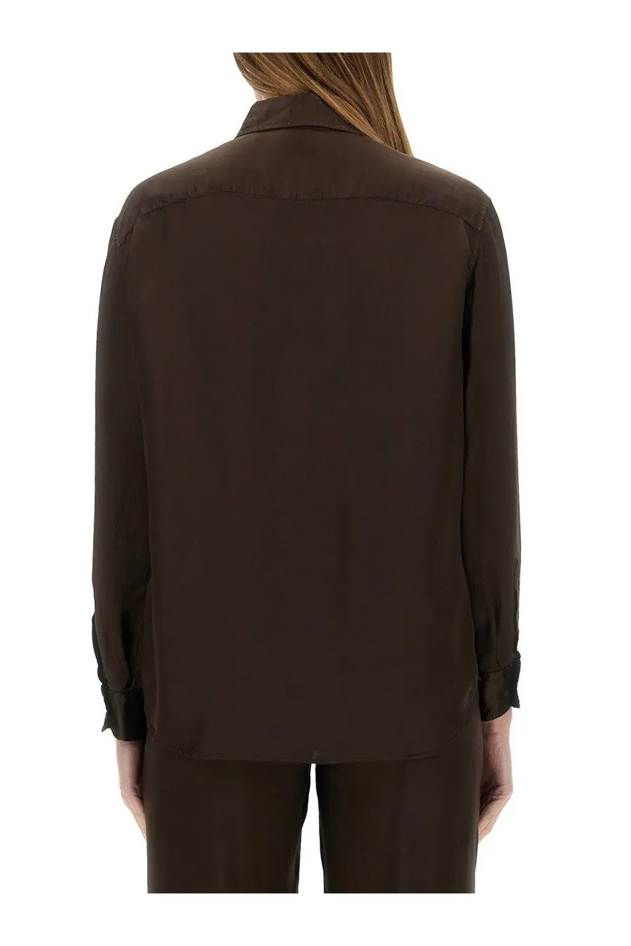 Aspesi women’s dark brown silk blouse with classic collar and long sleeves in model mod5489 brown style