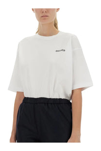Aspesi women’s white cropped cotton t-shirt with black ascolta embroidery on the chest for casual wear
