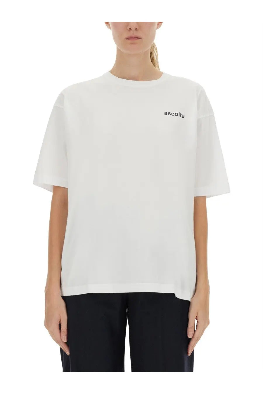 Aspesi women’s white oversized t-shirt with minimalist black ascolla logo embroidered on left chest