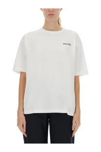 Aspesi women’s white oversized t-shirt with minimalist black ascolla logo embroidered on left chest